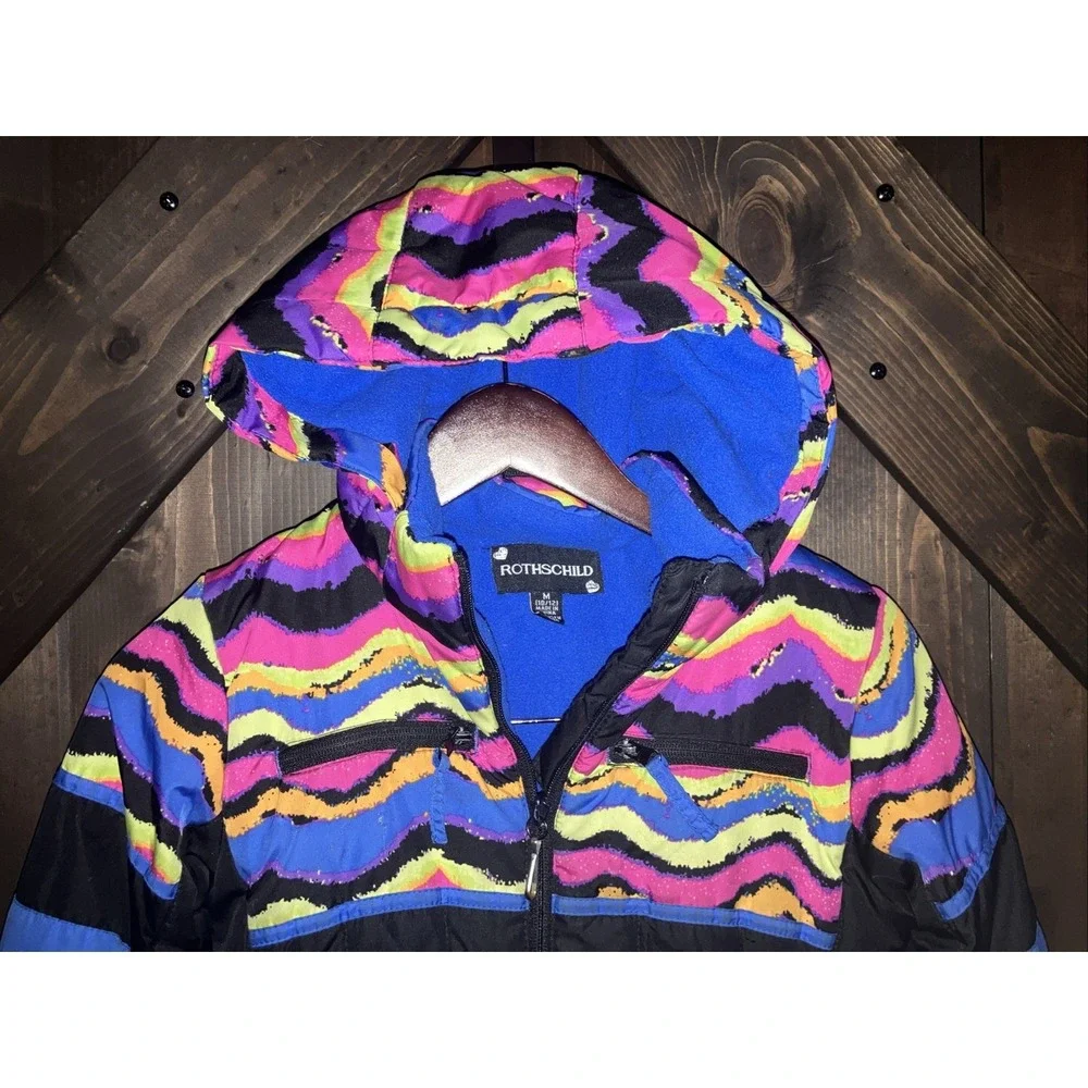 Girls Rothschild Hooded Winter Jacket M (10/12)‎ Black With Neon Stripes